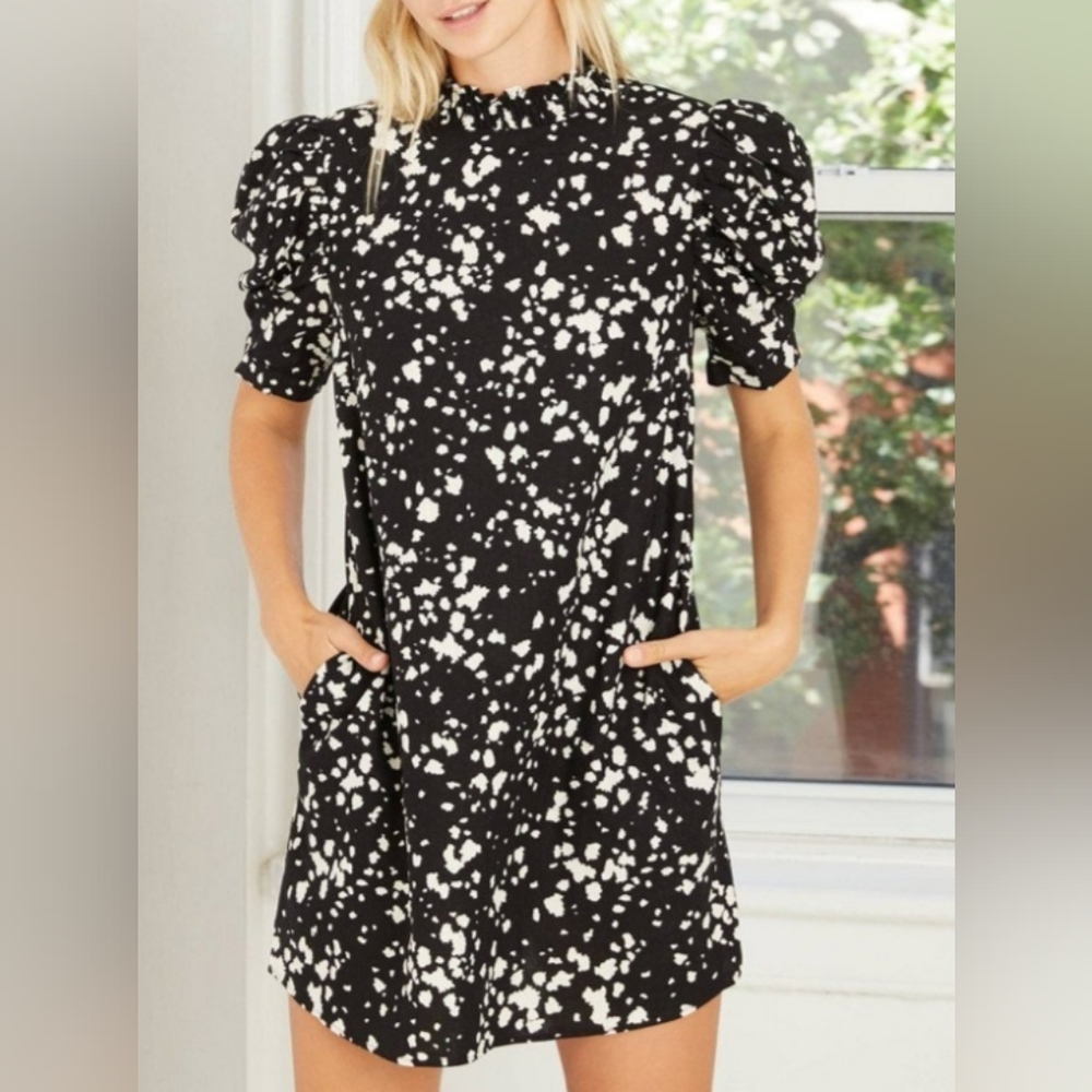 Who What Wear Black Spotted Puff Sleeve High Neck Linen Blend Shift Mini Dress M
